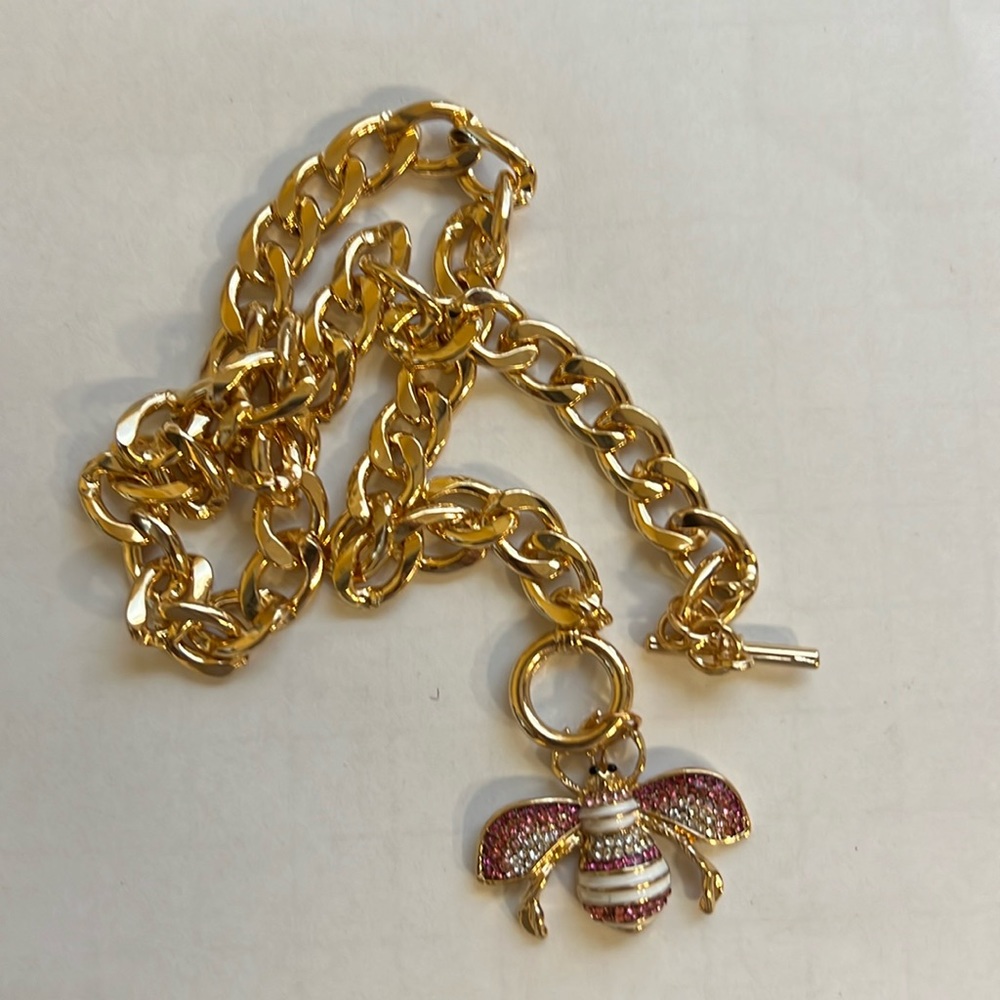Pink Rhinestone Bee Gold Toggle Necklace NEW - (#0322)